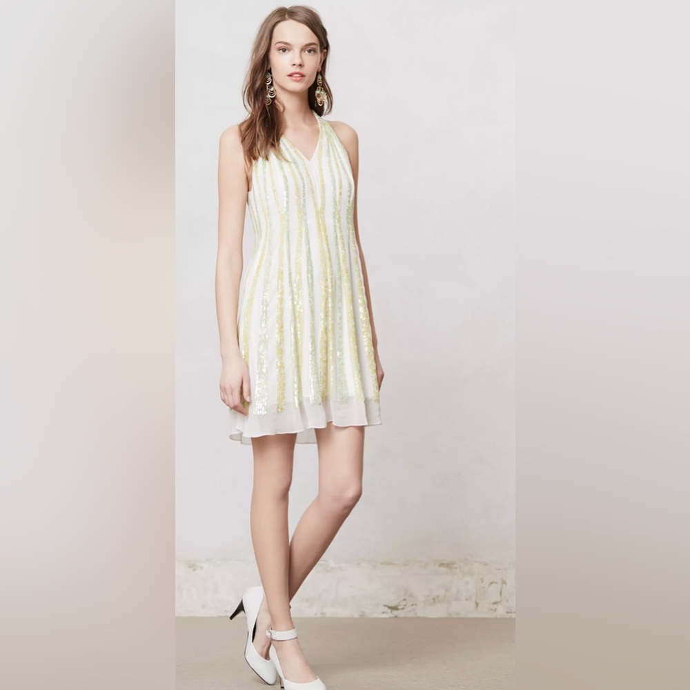 Ranna Gill Shimmer Channel Dress v Neck Fit Flare Sequins Size Large L